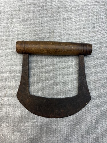 Vintage Brown Wood Metal Mezzaluna Herb Chopper Rustic Primitive Kitchen Tool