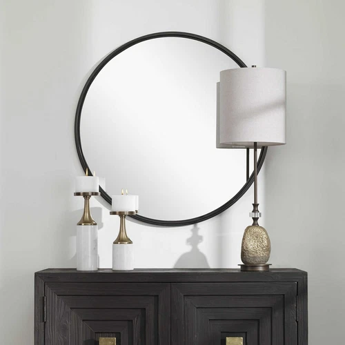 BELHAM XXL 35" AGED BLACK IRON ROUND WALL VANITY MIRROR 09692 UTTERMOST - Picture 3 of 5