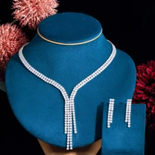 Silver Plated Long Tassel Dangle Drop Wedding Necklace Earrings CZ Jewelry Set