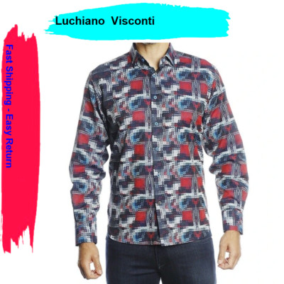 Luchiano Visconti Navy, Blue, Red Illusion with Paisleys and Shapes Size XL.