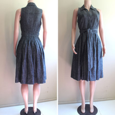 Carole Little 6 S Fit Flare Dress Gray Linen Retro 50s Sleeveless Tie Waist