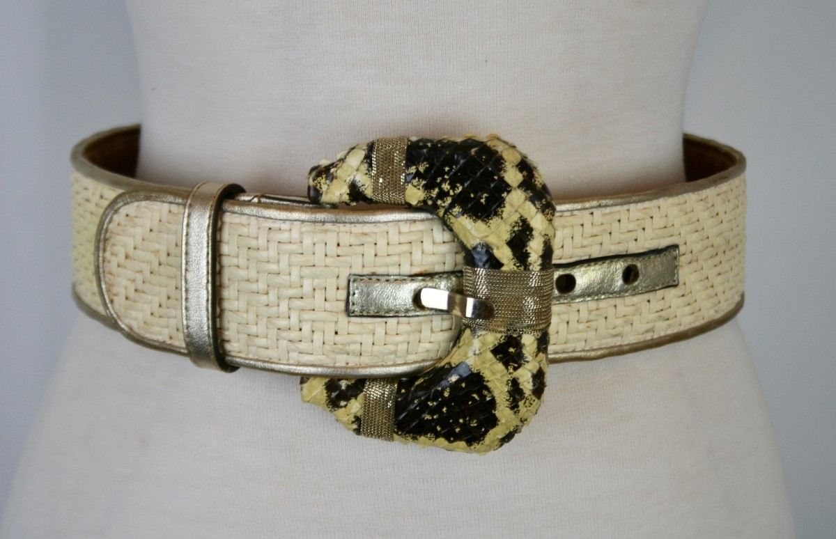 NWT OSCAR DE LA RENTA IVORY WOVEN BELT SNAKESKIN BUCKLE 