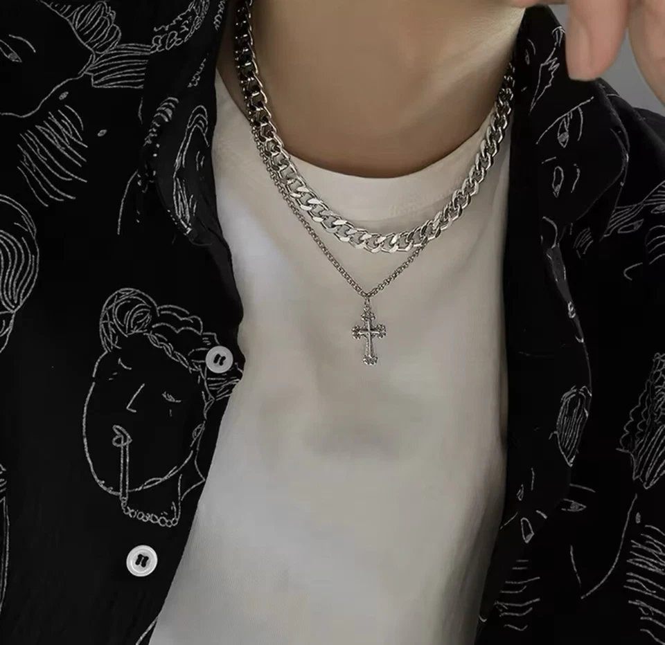 Nuevo collar cruzado de doble capa para hombre cadena de acero inoxidable hip hop unisex mujer Foto 4 de 4