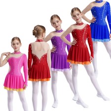 Kids Girls Dresses Long Sleeve Dress Ballerina Dancewear Contemporary Glittery