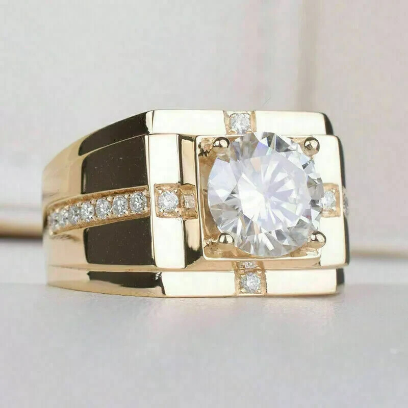 2Ct Round Lab-Created Solitaire Gorgeous Mens Band Ring 14k Yellow Gold Over