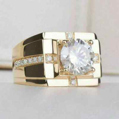 2Ct Round Lab-Created Solitaire Gorgeous Mens Band Ring 14k Yellow Gold Over