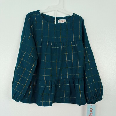 Cat & Jack Blouse Girl's Size XS 4/5 Blue Green Gold Plaid Long Sleeve Top NWT