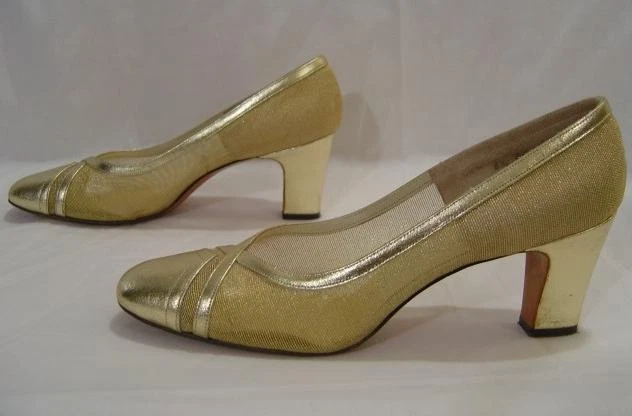 VINTAGE 1960s PALIZZIO MOD METALLIC GOLD MESH FORMAL GLAM HEELS PUMPS SHOES BOX - Image 4 of 4