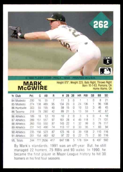 1992 Fleer Baseball Card Mark McGwire Oakland Athletics 262 12967 eBay