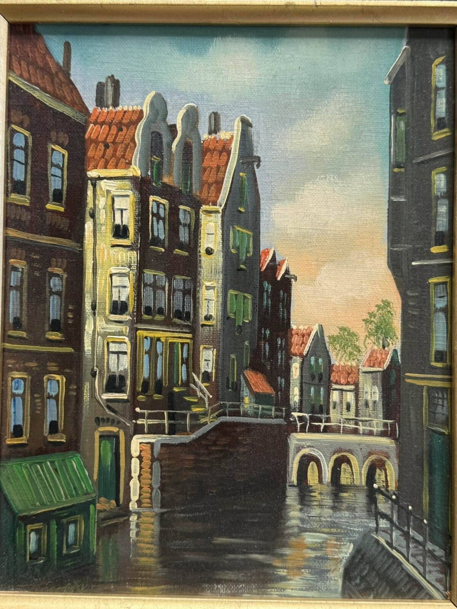 ジョン・ヘンリー・トワックトマン、「CANAL SCENE, HOLLAND」 Oil On Canvas By H.J. Topman Amsterdam City Canal Scene