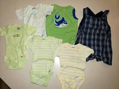 6 pc baby boys LOT 0-3 months SNAP BOTTOM TEES shortalls ROMPER SUMMER WEAR @