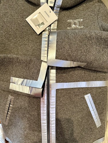 5K Chanel 2016 Gray Coat 34 36 38 2 4 6 Jacket Hood Silver Logo Grey 16a S M - Picture 15 of 22