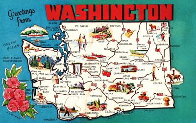 Vintage Postcard Greetings From Washington Map Evergreen State WA
