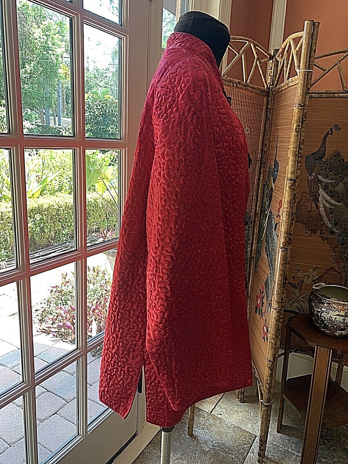 Red Satin Quilted Vintage Chinese Jacket Coat XL Doub… Gem