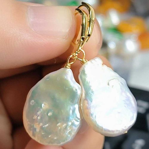 17-18MM Natural Baroque White Coin pearl Dangle Earrings 14K Ear Cuff Gold - Picture 2 of 4