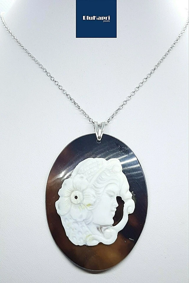 Collana Donna in argento 925 con CIONDOLO Cammeo naturale inciso a mano cammeo - Immagine 2 di 4