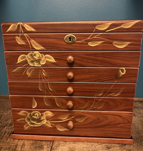 Hand Painted & Carved Top Wooden Jewelry Organizer Solid Wood ~ Brand New