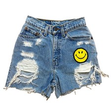 Vintage Levi s Denim Shorts Cutoffs 90s Womens Size 24 Blue Distressed Smiley