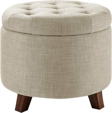 Upholstered Linen Tufted Storage round Ottoman Footstool, 50.8 X 43.2 X 50.8 Cm,