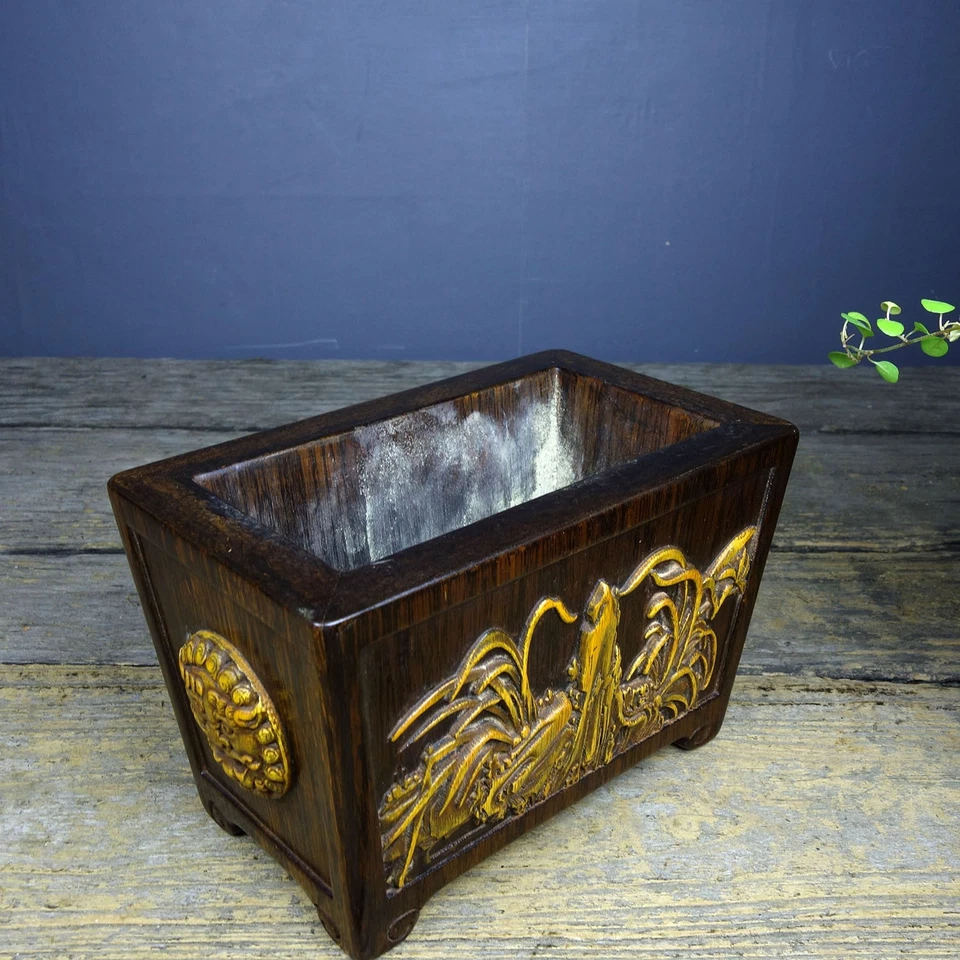 Queimador de incenso esculpido amarelo bambu incrustado clássico antigo de sândalo porcelana 7,1" - Imagem 3 de 4