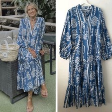 Zara Teal White Summer Kaftan Dress Midi Shirt Tunic Size M Medium 10 12 