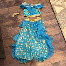 Disney Princess Jasmine Costume Set Blue/Gold Top Pants Tiara Headband Size 5/6