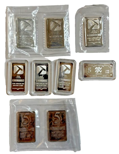 Lot of 9 mixed 5-gram .999 Silver Bullion Bar - Sealed and Air-tight capsules