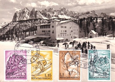Postcard San Marino - Hotel Allbergo Passo Tre Croci - Bus - Stamps 1962 Sports
