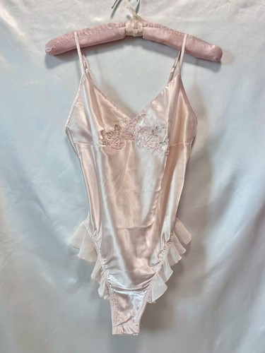 Vintage 1990s Pink Satin Teddy Lingerie Embroidered with Sequins Pinup Fairycore