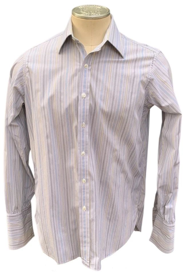 Camisa TURNBULL & ASSER Vintage Para Hombre LS Gris Rayas Puño Francés - Talla M Foto 2 de 4