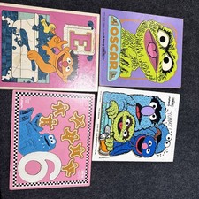 4 Vintage 70's Playskool Wooden Tray Puzzles Sesame Street Cookie Oscar Ernie