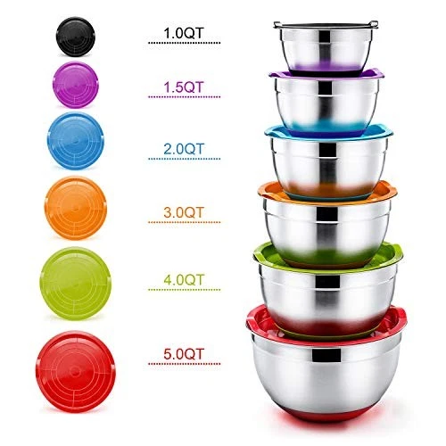 HaWare Mixing Bowls Set of 6, 100% Stainless Steel Nesting Bowls Set with Lids,
