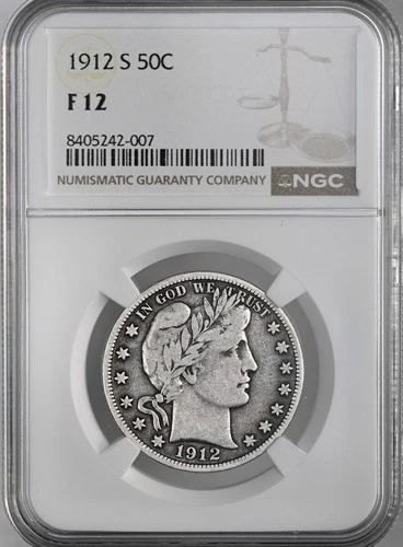 1912-S  50C BARBER SILVER HALF DOLLAR  "SAN FRANCISCO"  NGC F12  #8405242-007