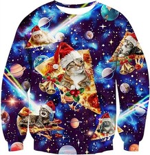Funny Ugly Christmas Sweater Pizza Cat Space Galaxy 3D Print Pullover Jumper