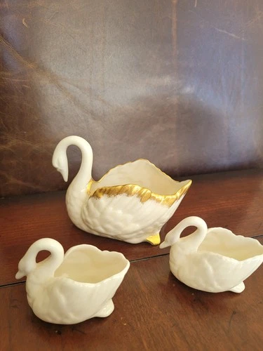 Fenton Iridescent White  Glass Swan  Hand Painted Trim On Largest Swan