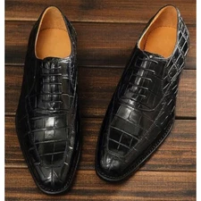 Black Crocodile Embossed Leather Oxford Dress Shoes Men's Lace-Up Exotic Formal