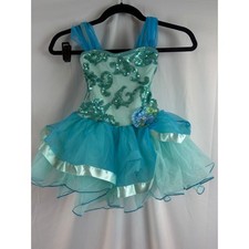 Girls Medium Teal Blue Sequin Dance Costume Tutu Dress Sparkly Performance