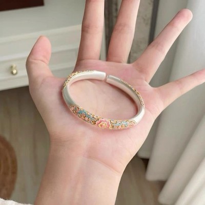 Gold Tone Floral Pattern Enamel-Style Bangle Cuff Bracelet, Adjustable, No Stone