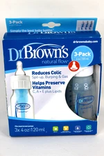 Dr. Brown's Natural Flow 3-Pack 4oz Bottles Bottle Reduces Colic #180 * New