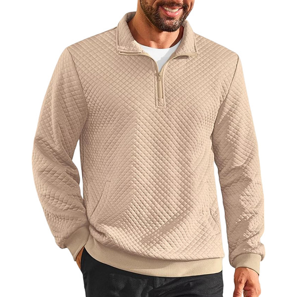 Herren Pullover Waffelstruktur Stehkragen Langarm ReißVerschluss Beige L-image