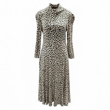 Mango Leopard Print Cowl Neck Dress Womens S Long Sleeve Fit Flare Midi A-Line