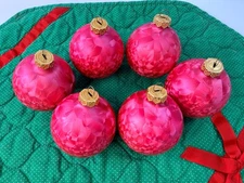 6 Vintage Dark Pink VISIONS BY HOLLY ORNAMENTS 2 5/8" Christmas Feathered Look