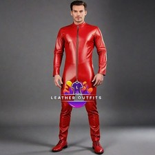 MEN'S GENUINE SOFT LEATHER RED JUMPSUIT CATSUIT FRONT ZIPPER OVERALL BODYSUIT