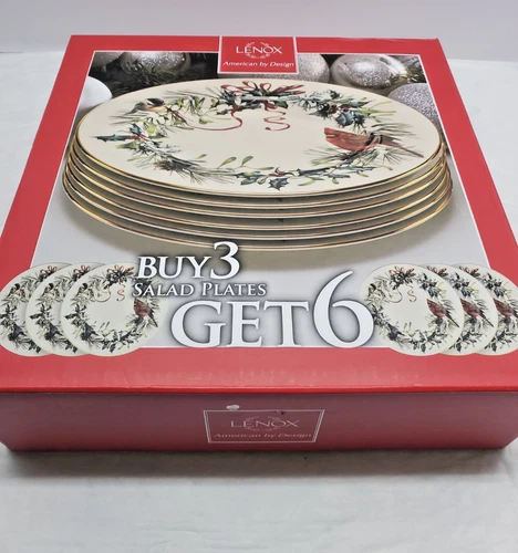 Lenox Fine China WINTER GREETINGS Salad Plates Cardinal  Set of Six - In  Box