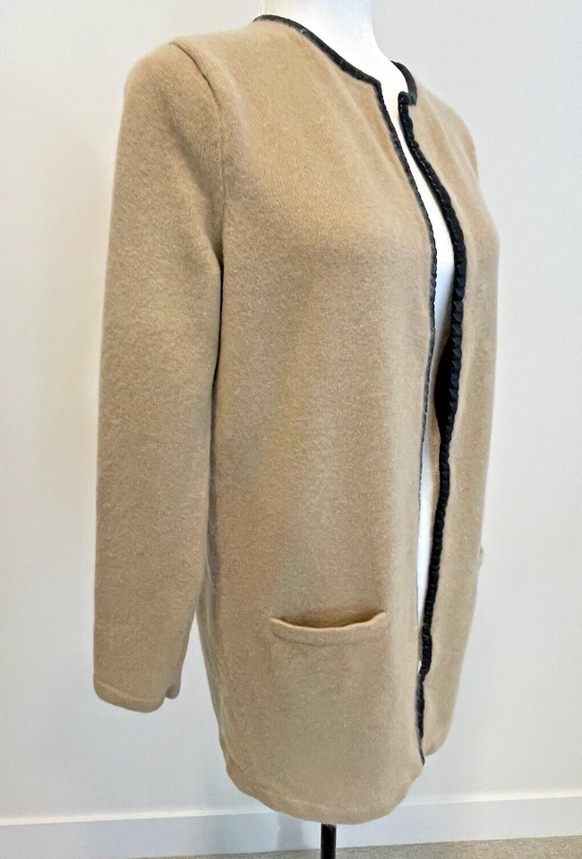 Ralph Lauren Black Label Women Cardigan Sweater XL Tan Cashmere Leather Trim - Image 2 of 4