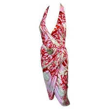 Versace S/S 2005 Plunging Neckline Backless Seashell Print Belted Wrap Dress