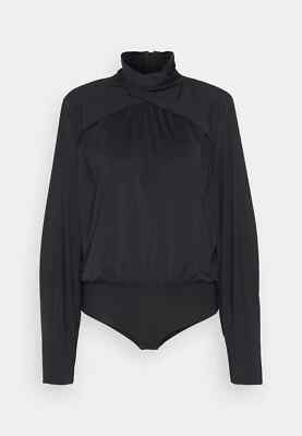 GESTUZ Black Solia Crossover Yoke Long Sleeve Jersey Bodysuit Blouse Top L 8/10