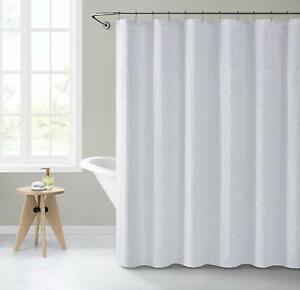 White Fabric Shower Curtain Geometric Clipped Fringe Design