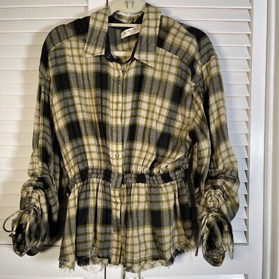 Free People shirt women's M Plaid Snap Wool Blend string waist Shirred crop