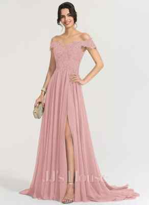 JJ's House A-Linie Schulterfrei Sweep Schleppe Spitze Chiffon Ballkleid, Gr. 12